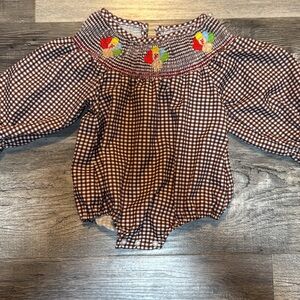 Brown Gingham Baby Romper with Embroidered Details